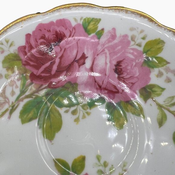 Royal Albert American Beauty Bone China Tea Cup Saucer Pink Green Gilt Floral - Picture 10 of 12